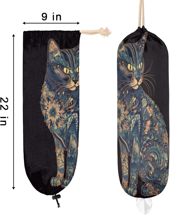 Cat Pattern Plastic Bag Holder Washable Grocery Bag Storage Dispenser Reusable Hanging Shopping Bags Carrier Wall Mount Plastic Bag Organizer for Home Kitchen Decor