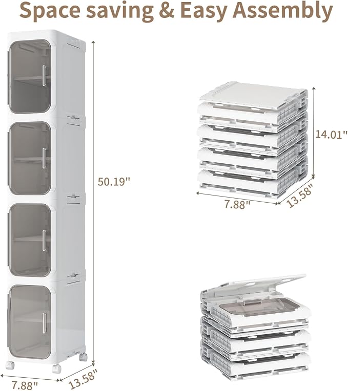 4 Tier Slim Bathroom Storage Cabinet, Foldable and Movable, White | Tools Free, ABS and PET, Magnetic Clear Door, Adjustable Shelves, Lockable Wheels, Water Resistant, For Narrow Space
