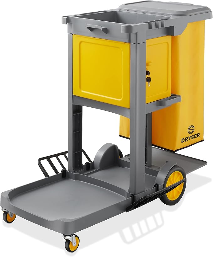Commercial Janitorial Cleaning Cart on Wheels - Housekeeping Caddy with Key-Locking Cabinet