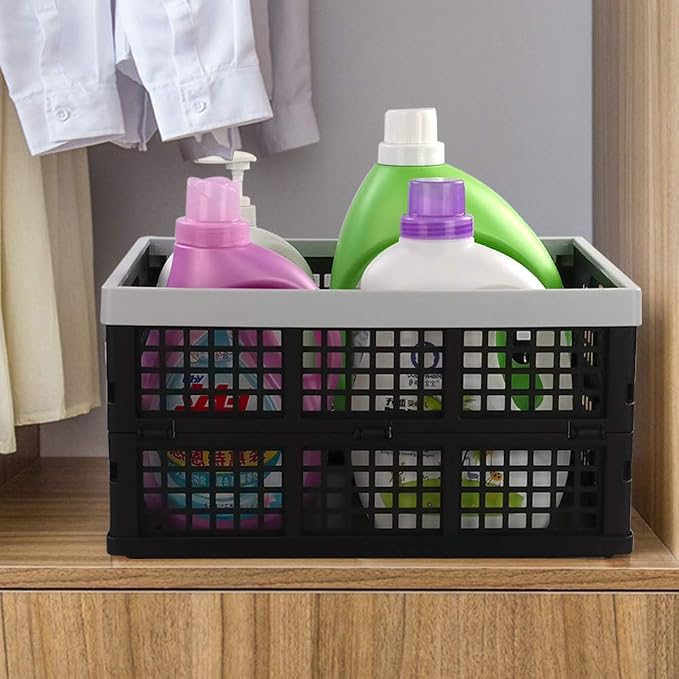 34-Liter Collapsible Milk Crates, Stackable Storage Basket, Set of 4 | Folding Crate for Oraganizing, Black & Grey
