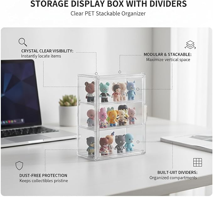 Clear PET Stackable Storage Box with Dividers, Transparent Display Organizer for Desktop Essentials