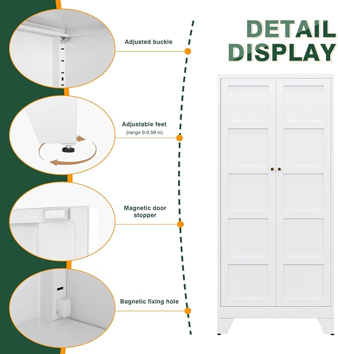 72" H Metal Storage Cabinet with 2 Doors and 4 Shelves,Tall Kitchen Pantry Cabinets,Utility Pantry Organizers for Cupboard/Dining/Bathroom/Home Office/Garage (White, 72" H x 18" D x 33.5" W)
