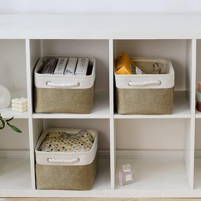 Storage Basket for Shelves - 1 Pack 14x10x6.7 inch Collapsible Storage Bins Storage Boxes for Organizing for Laundry Closet Gift Cloth Nursery (Whiet & Khaki)