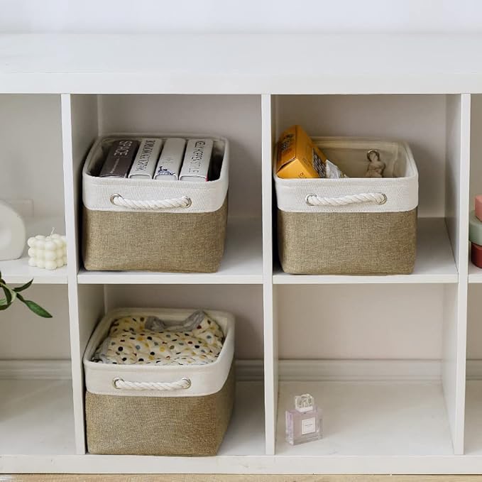 Storage Basket for Organizing - 14x10x7 inch Medium 3 Pack Collapsible Storage Bin for Shelves with Handles, Canves Storage Box for Organizer Cubes Cloth Gift Toy Closet (White & Khaki)