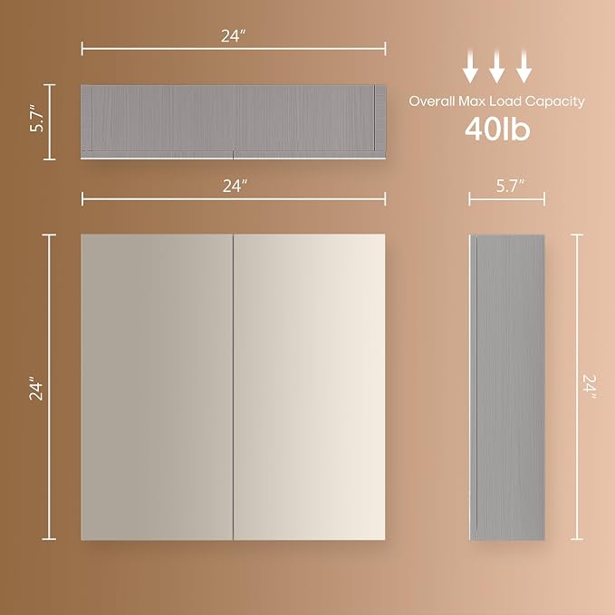 Reflexon 24x24 inch Bathroom Wall Cabinet, Storage Cabinet, Medicine Cabinet with 2 Door and Adjustable Shelves, Grey (Assembly Required)