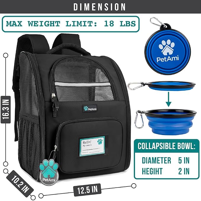 PetAmi Dog Backpack Carrier Airline Approved Cat Pet Puppy Bag, Black