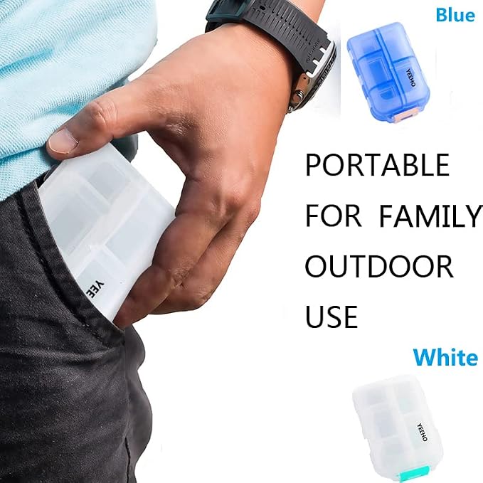 Pill Case (2 Pack) - Portable Small Supplements Tablet Container Box with 10 Compartments - Medicine Vitamin Organizer Dispenser Holder Storage for Travel Trip Pocket Purse(Blue+White)