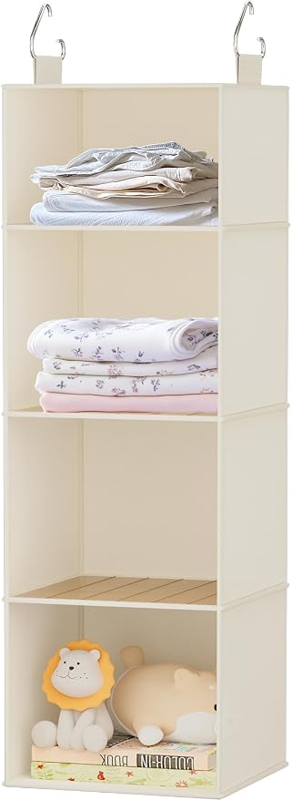 Hanging Closet Organizer and Storage with Bamboo Shelves - Foldable Storage for Clothes, Towels, Accessories | Space Saving, No Assembly Needed (Beige)