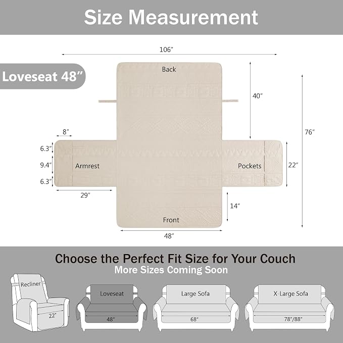 Boho Beige Loveseat Covers for 2 Cushion Couch, Water-Repellent Aztec Covers for Love Seat, Washable Quilted Couch Covers, Pet Friendly Loveseat Slipcovers (Loveseat 48", Beige)