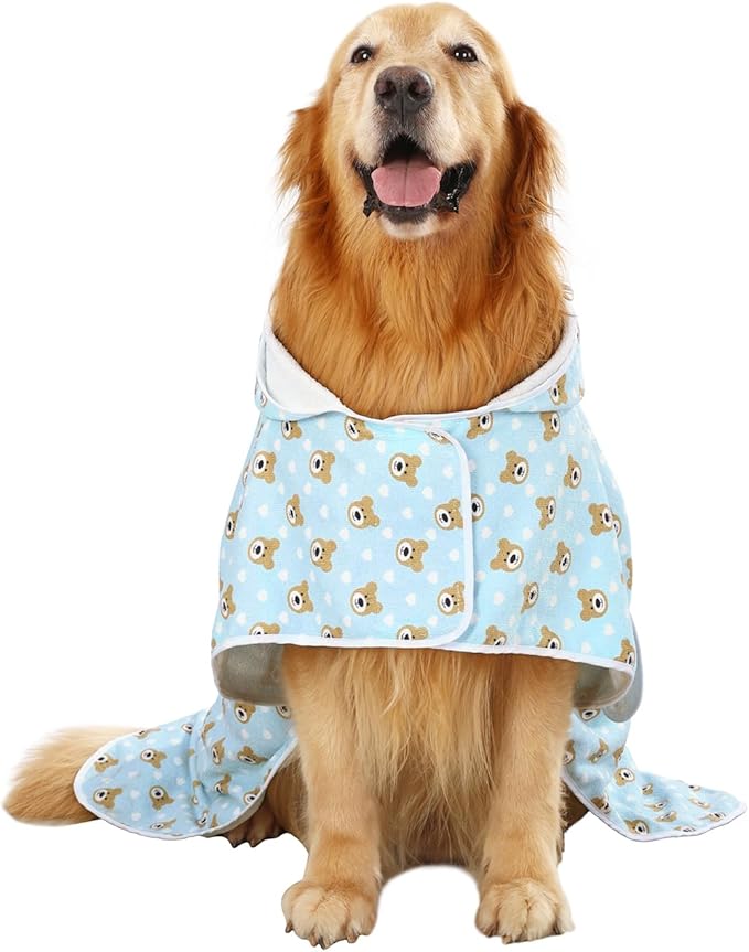 HDE Dog Bathrobe Super Absorbent Quick Drying Puppy Towel Wrap Coat Adjustable After Bath Robes with Hood for Dog Sizes S-XXL Teddy Bears XL