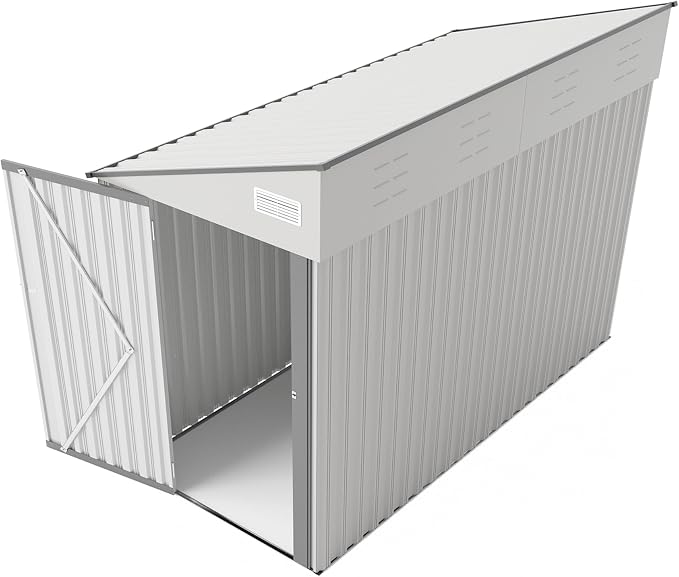 4x8FT Metal Storage Shed, Sloping Roof, Single Hinge Door, White | Outdoor Tool Shed | Ventilation Windows | Waterproof | Protective Film | for Patio, Lawn and Utility Equipment