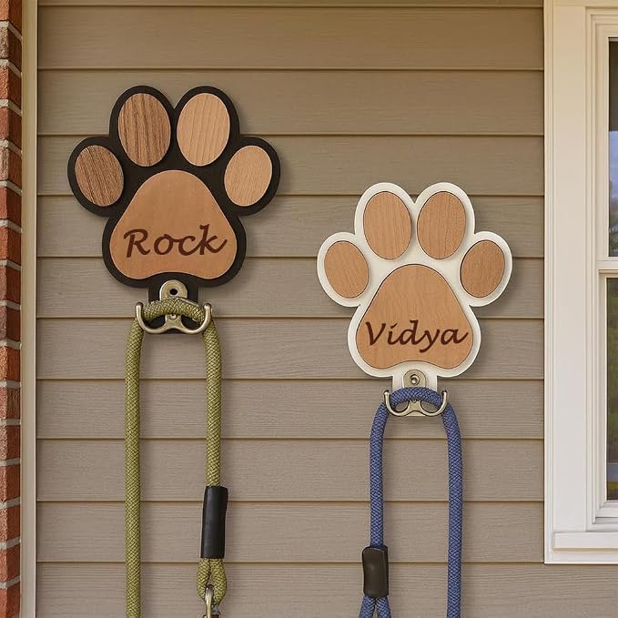 Personalized Wooden Paw Print Pet Leash Holder - Custom Name Engraved Dog Collar & Leash Wall Hook, Decorative Entryway Organizer for Pet Owners