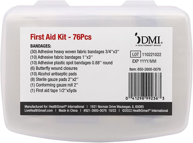 DMI 76-Piece First-Aid Kit, Portable All-Purpose Use for Minor Cuts and Scrapes, Durable Water-Resistant Case, Convenient and Portable for Travel