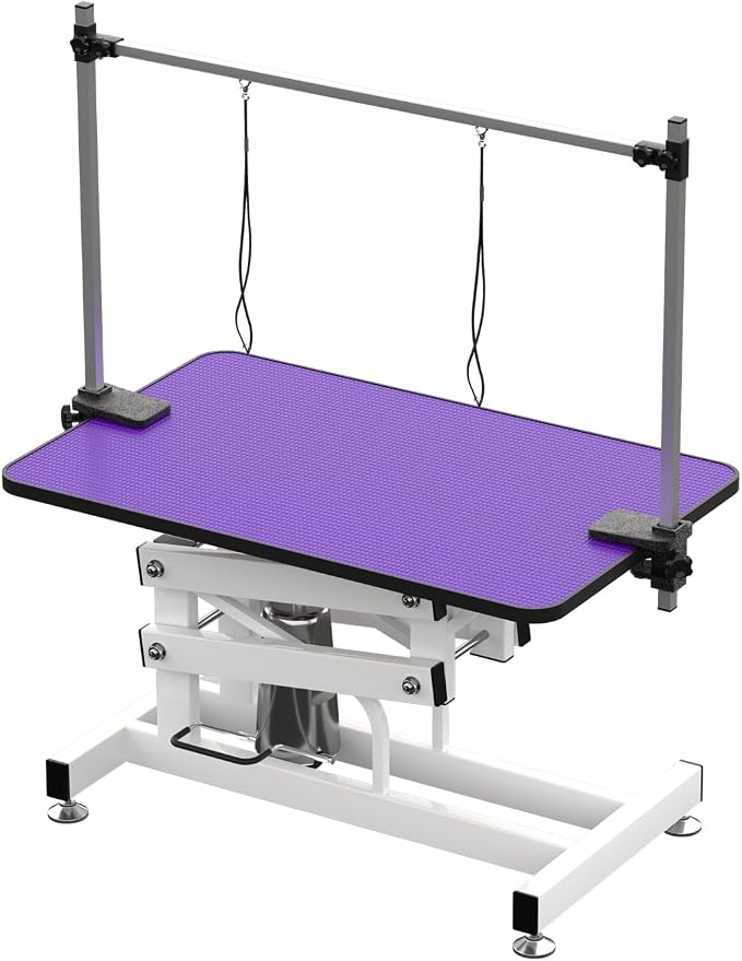 Hydraulic Dog Pet Grooming Table, 42 Inch Heavy Duty Professional Pet Grooming Station 21'' -36'' Height Adjustable for Large Dog at Home with Adjustable Overhead Arm, Clamp and Grooming Noose, Purple