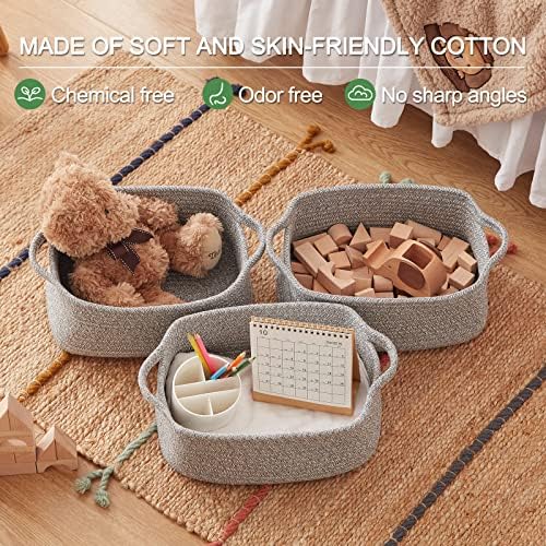 OIAHOMY 3 Pack Storage Baskets for Shelves Cotton Rope Storage Bins Grey | Woven Baskets for Storage Nursery Storage Basket with Handles Baskets for Organizing Small Baskets Gift Baskets Empty