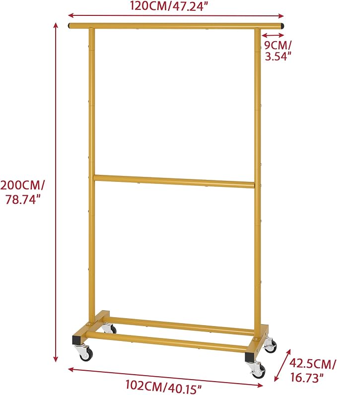 Sywhitta Double Rod Metal Clothing Garment Rack on Wheels, Gold | Rolling Clothes Organizer, for Hanging Clothes,Coats,Easy to Assemble,Space-Saving,Mobile Organizer for Closet