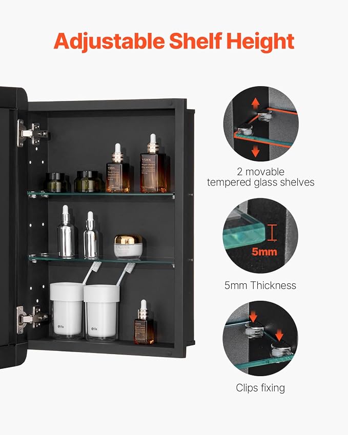 VEVOR Medicine Cabinet, 16 x 24 inch, Medicine Cabinet for Bathroom with Mirror, Aluminum Frame Bathroom Wall Cabinet, 2-Layer Adjustable Shelves, Recessed & Wall-Mounted Installation