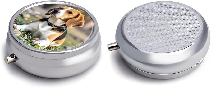 Pet Dog Beagle Round Metal Pill Organizer 3 Compartment Travel Pill Case with Mirror Waterproof & Leak-Proof for Daily Meds Vitamins Supplements Fits in Purse Pocket Bag