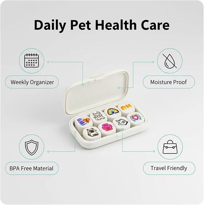 Cute 7 Day Pill Organizer Box with Medicine Labels, 8 Compartments Travel Pill Case Airtight Moistureproof, for Vitamins, Fish Oil, Supplements