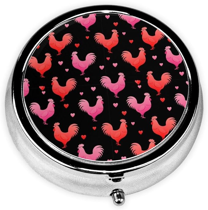 Travel Medicine Box, Rooster Chicken Bird Love Heart Floral Pink Black Round Small Organizer, Metal Pill Case for Fish Oil, Portable Dispenser Purse Pocket for Commuters