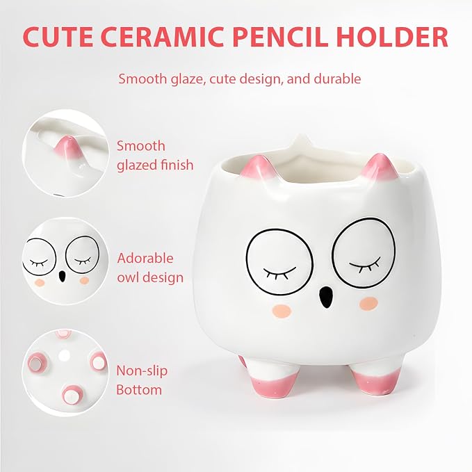 Ceramic Cat Shaped Pen Pencil Holder for Desk Decoration Accessories Cat Decor Makeup Brush Pen Cups Office School Ideal Gifts for Women, Mom or Birthdays