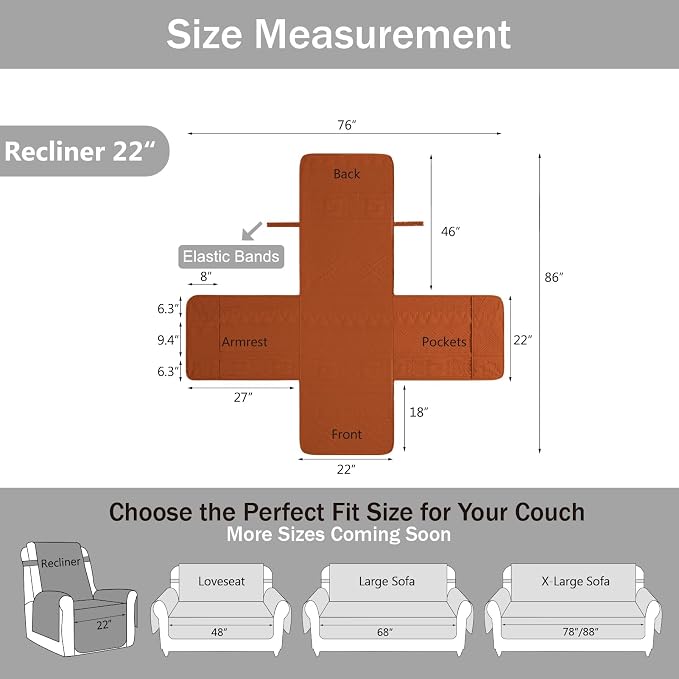 Boho Orange Quilted Recliner Covers, Water-Repellent Recliner Slipcovers, Lazy Boy Chair Covers, Pet Friendly Recliner Cover for Dogs, Washable Furniture Protector (Recliner 22", Burnt Orange)