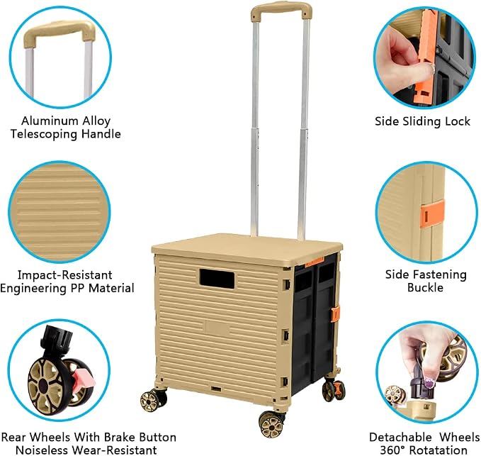 FELICON SELORSS Foldable Utility Cart Folding Portable Rolling Crate-Khaki | Durable,Heavy Duty,Plastic Box,Telescoping Handle,4 Rotate Wheels,Collapsible Handcart for Travel Shop Move Luggage Office