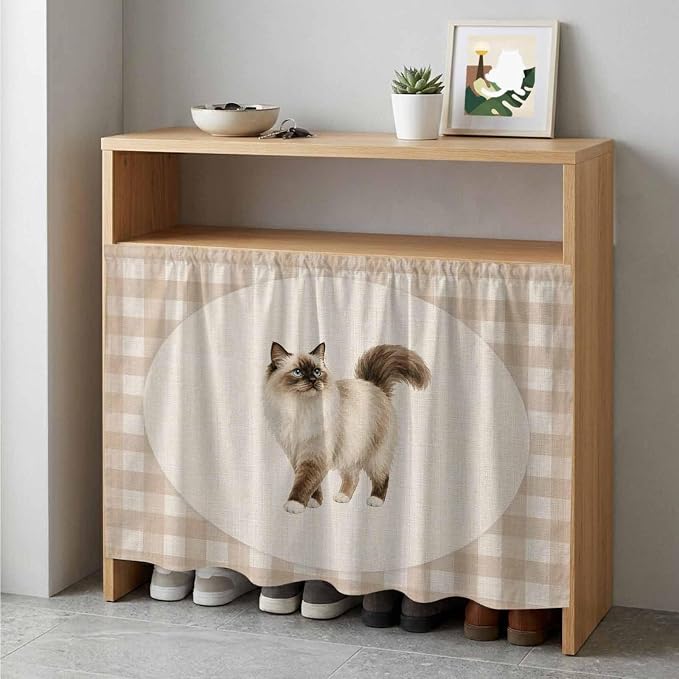 Ragdoll Cat Cabinet Curtain 35"Wx35"L, Dustproof Under Sink Skirt with Self Adhesive Tape, Vintage Linen Plaid Farmhouse Pet Cats Cabinet Curtain Cover for Kitchen Sink, Bathroom Vanity, Laundry Room