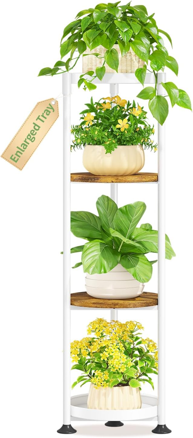 KMOTASUO 4 Tier White Plant Stand Indoor for Large Tall Heavy Duty Planter, Multiple Sturdy Metal Flower Corner Rack for Narrow House Floor, Iron Vertical Level Round Orchi Holder Organizer, Modern