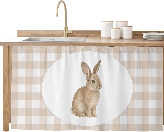 Rabbit Plaid Cabinet Curtains 28"x51" Sink Skirt for Bathroom Kitchen, Modern Farmhouse Checkered Rustic Animal Self Stick Adhesive Under Desk Covers Tall Laundry Cabinet Storage Organizer