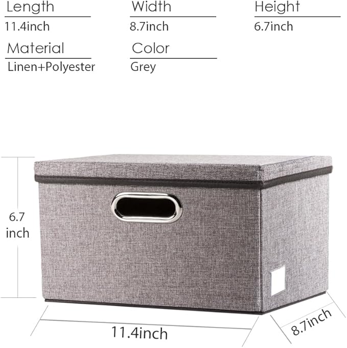Storage Bins with Lids [3-Pack] Linen Fabric Foldable Storage Boxes Organizer Containers Baskets Cube with Cover for Home Bedroom Closet Office Nursery Grey（11.4X8.6X6.7
