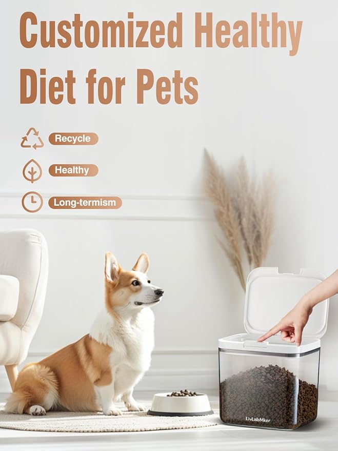 LivLab Mker 5-10 lb Airtight Dog Food Storage Container, White | Large airtight bin with pop-lock lid and clear body; stores 5-10 lb of dry dog food, cat treats, rice, or flour.