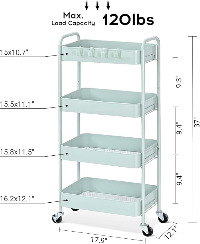 TOOLF 4 Tier Metal Rolling Cart, Utility Storage Cart with Wheels, Green | Screwless Assembly, Lockable Metal Wheels, Trolley Organizer for Bathroom, Kitchen, Office, Dorm, Laundry, Craft Room