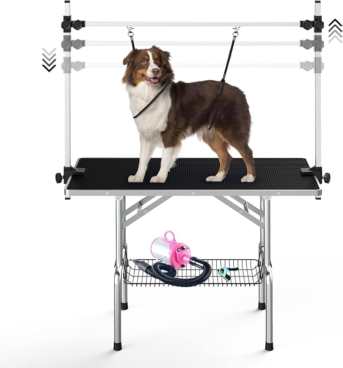 42'' Stainless Steel Pet Dog Grooming Table, Arm/Noose/Tray, Black | Foldable Dog Grooming Table for Dogs at Home, Adjustable Height Arm, Non-Slip Waterproof Tabletop, Capacity 330Lb