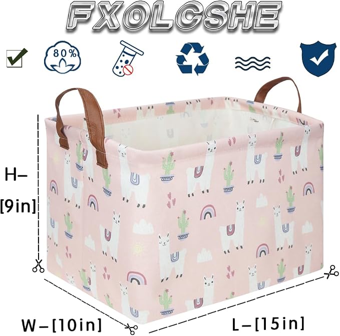 FXOLCSHE Rectangular Pink Alpaca Basket,Collapsible waterproof nursery laundry basket,Toy nursery, kids clothes gift basket with handles,Kids Room Decor(Alpaca)