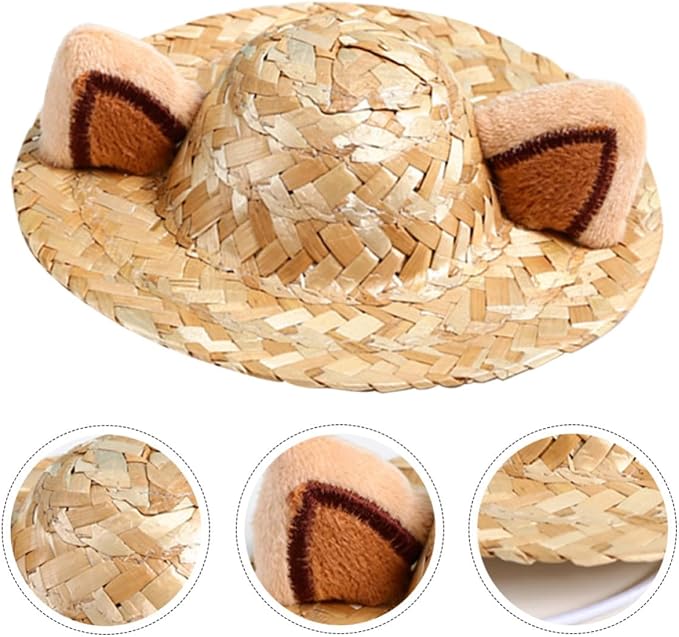 Adorable Cat Straw Hat with Cat Ear Design for Cats S 13cm | Khaki Color, Straw Build, Decorative Party Accessory, Christmas Birthday Use