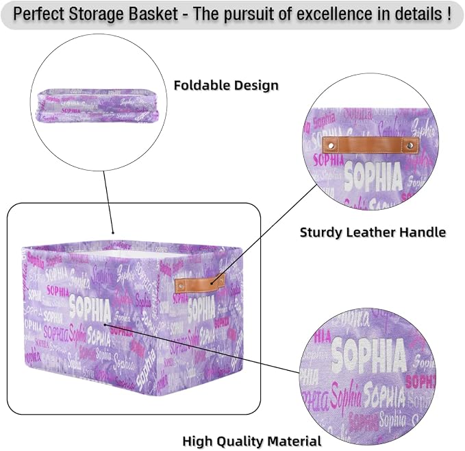 Custom Storage Baskets for Kids with Name, Light Purple Sand Texture | Organizing Boys Girls Pets Toys Closet Shelf Clothes Books
