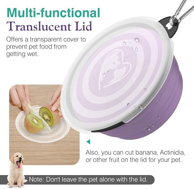 Pawaboo Collapsible Travel Dog Bowls 2 Pack with Lids&Carabiners Silicone | Feeding Watering Bowls for Dogs Cats, Collapsable Water Feeder Food Bowl for Walking Traveling Home Use, VioletTurquoise