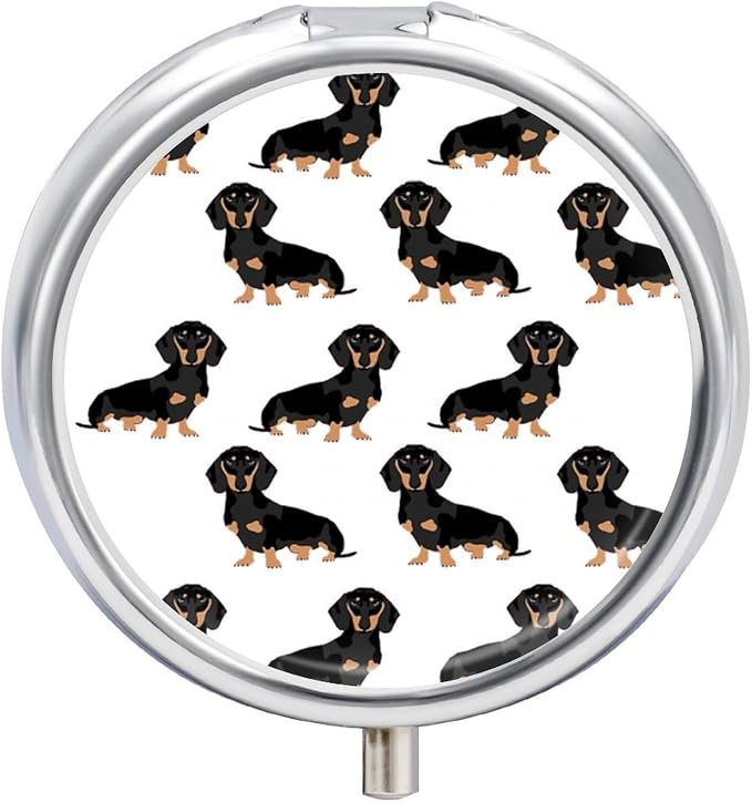 Dachshund Weiner Pet Dogs Round Metal Pill Organizer 3 Compartment Travel Pill Case with Mirror Waterproof & Leak-Proof for Daily Meds Vitamins Supplements Fits in Purse Pocket Bag