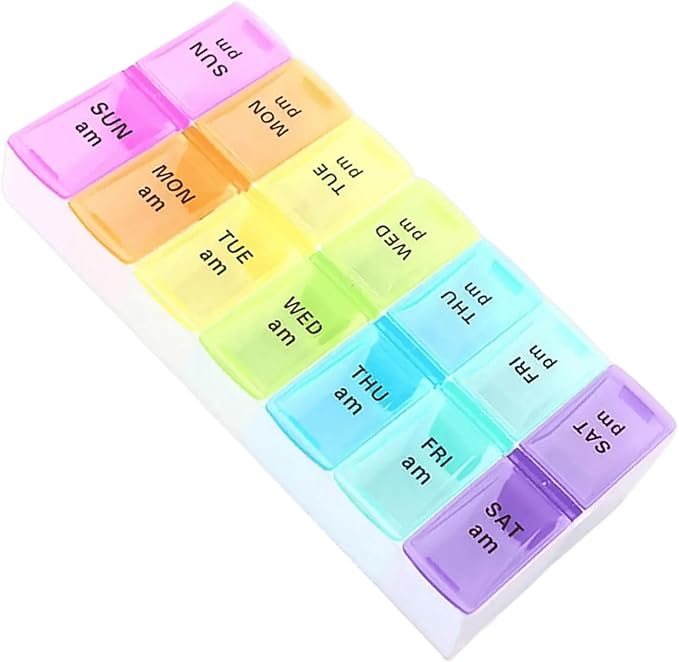 Travel Daily Large Pill Organizer, Weekly Portable Pill Dispenser | Daily Pill Case Box Holder, Elder Medication Planner for Vitamin, Medicine, Fish Oil, Supplements, 14 Compartment, Colorful