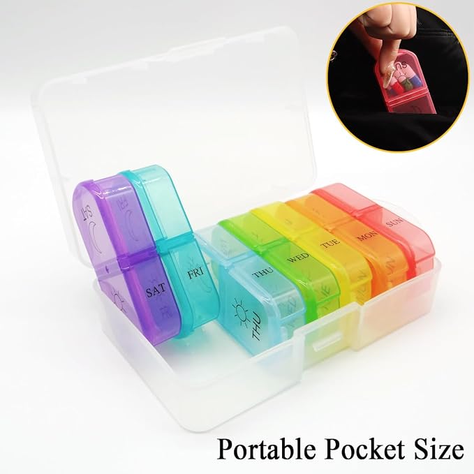 Travel Pill Organizer 7-Day for Purse Pocket, Daily Medicine Case | Box with 14 Compartment Weekly Meds Container Reminder Planner AM PM Hold Medicine, Vitamin, Supplement, Fish Oil, Colorful