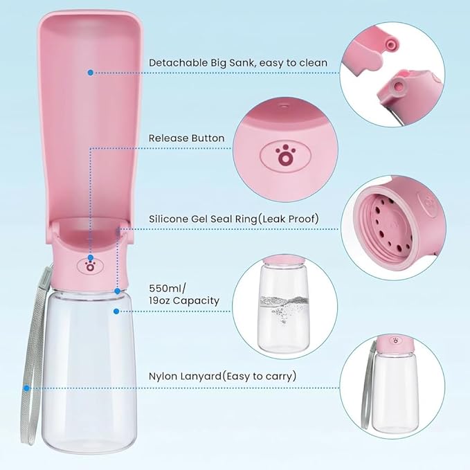 Portable Dog Water Bottle for Walking – 19oz / 12oz Foldable Pet Water Dispenser for Puppies, Medium & Large Dogs – Leak Proof Travel Water Bowl for Small Animals Dog Accessories(19OZ Pink)