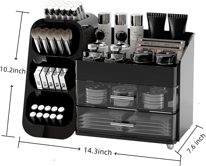 Makeup Organizer with Drawers, Large Capacity Countertop Organizers for Vanity,Bathroom and Bedroom Desk Cosmetics Organizer,Easy To Storage Skincare,Brushes,Lotions,Lipstick (Black)