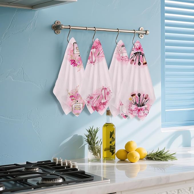 4 Pcs Pink Hand Towels Decor for Bathroom 24x14 Inch, Perfume High Bow Decor Microfiber Reusable Tea Towels for Bathroom, Waffle Weave Dish Drying Towel, Washroom Gifts for Women Mom Friend
