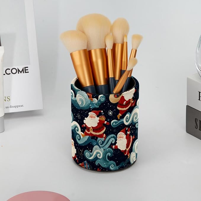 Faux Leather Pen Holder for Desk, Pencil Organizer Cute Santa Claus Pen Cup Desk Decor Makeup Brush Holder Storage for Office Home