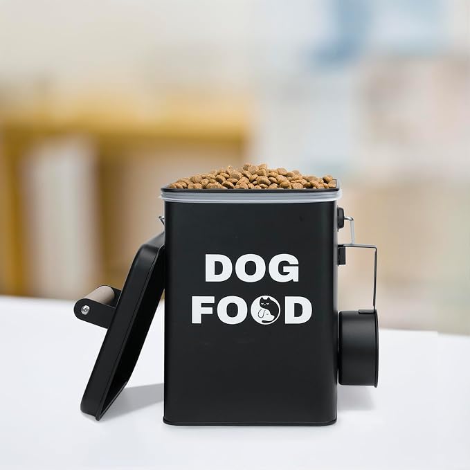 Dog Food Storage Container Set of 2 Dog Treat Container with Airtight Lids Dog Treat Jar with Scoop Metal Dog Food Holder with Wooden Handles for Kitchen Counter and Pantry Home Decor - Black