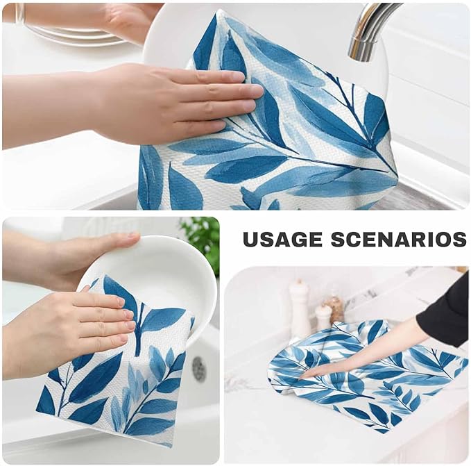 Blue Tropical Leaves Kitchen Towels Set of 2 Watercolor Floral Colorful Abstract Organic Nature Botanical Dish Towels Absorbent Soft Hand Tea Bar Towels for Farmhouse Home Decor 16"X24"