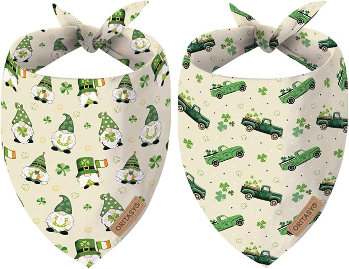 St. Patrick's Day Dog Bandanas, 2-Pack Triangle Reversible Gnomes Pet Scarves, Premium Fabric, Bandana for All Boys Girls Dogs (L, Style 2)