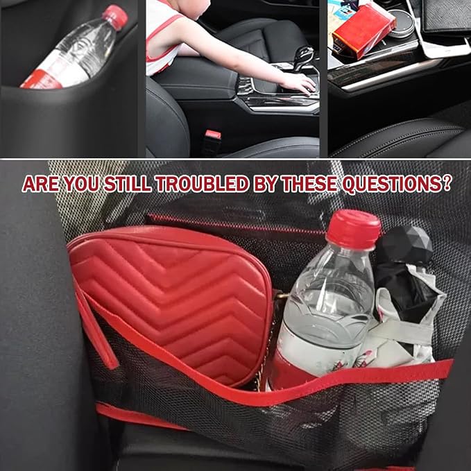 Car Net Pocket Handbag Holder, Auto Net Pocket Purse Holder Between Front Seats Car Storage Organizer, Universal Interior Accessories Barrier of Backseat Pet Kids (Black Red)