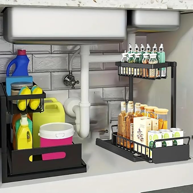 2-Tier Multi-Purpose Under Sink Pull Out Organizer with 4 Hooks, Drawer Style Sink Storage Rack Suitable for Kitchens, Bathrooms and Food Seasoning Bottle Storage Cabinets